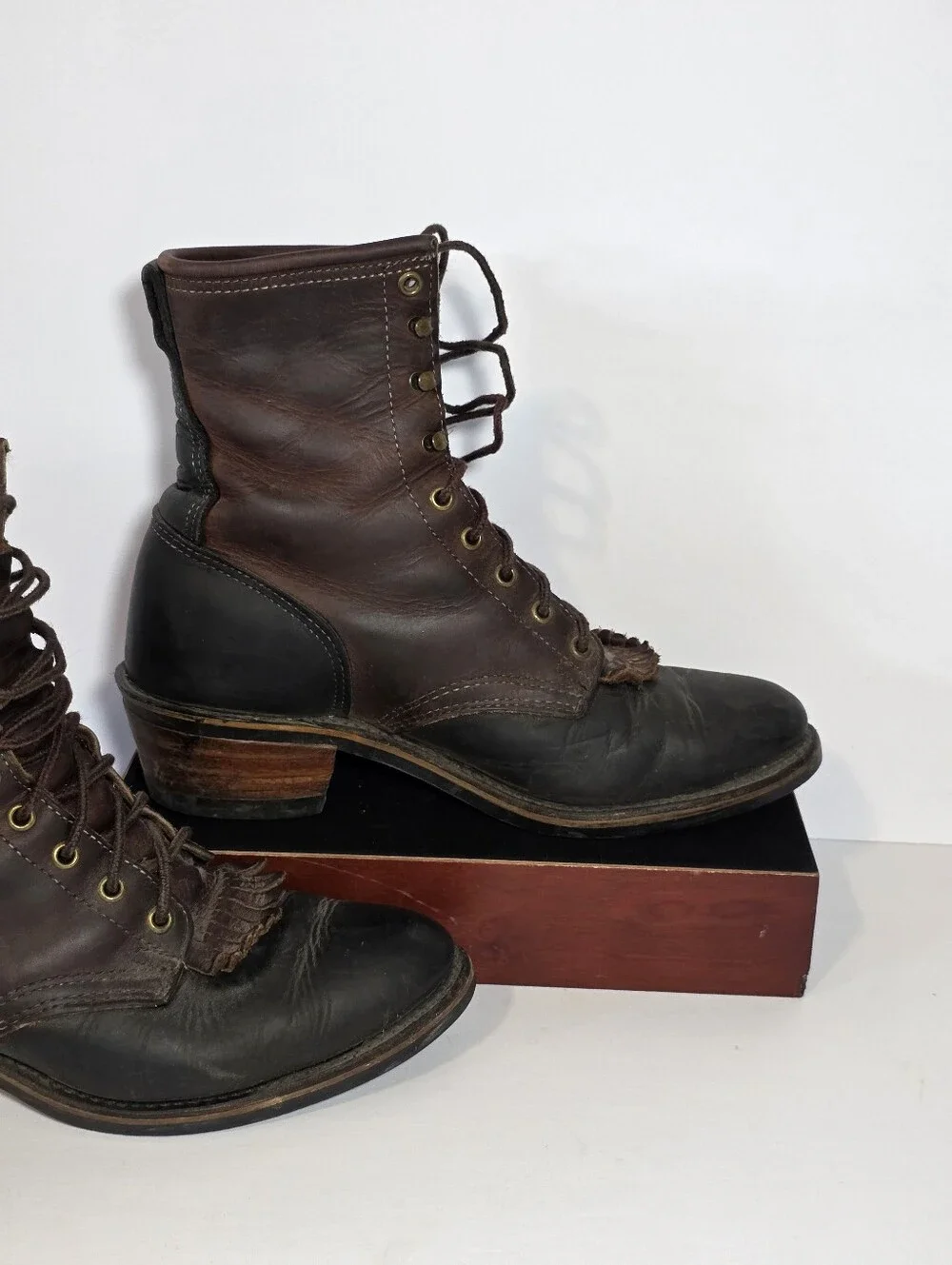 Santa Fe Boot Co Vintage Leather Logger Work Boots Brown Black Size 9 Vibram